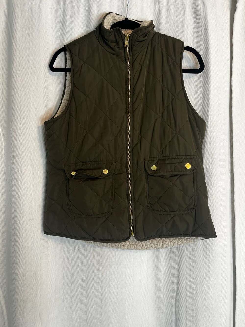 Quinn Olive Green Quilted Vest with Sherpa Fleece Lining and Gold Hardware